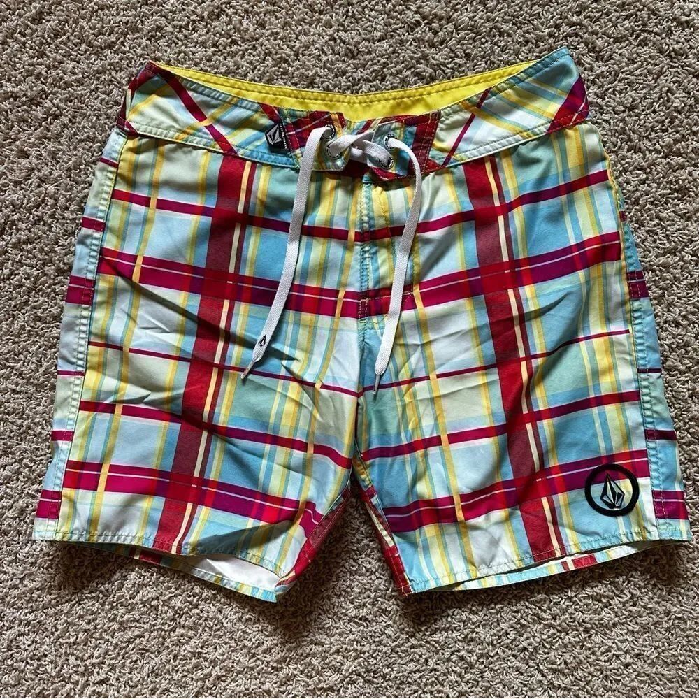 VOLCOM 32 Mens Swim BOARD SHORTS Plaid Surf Drawstring Red Blue Yellow Logo